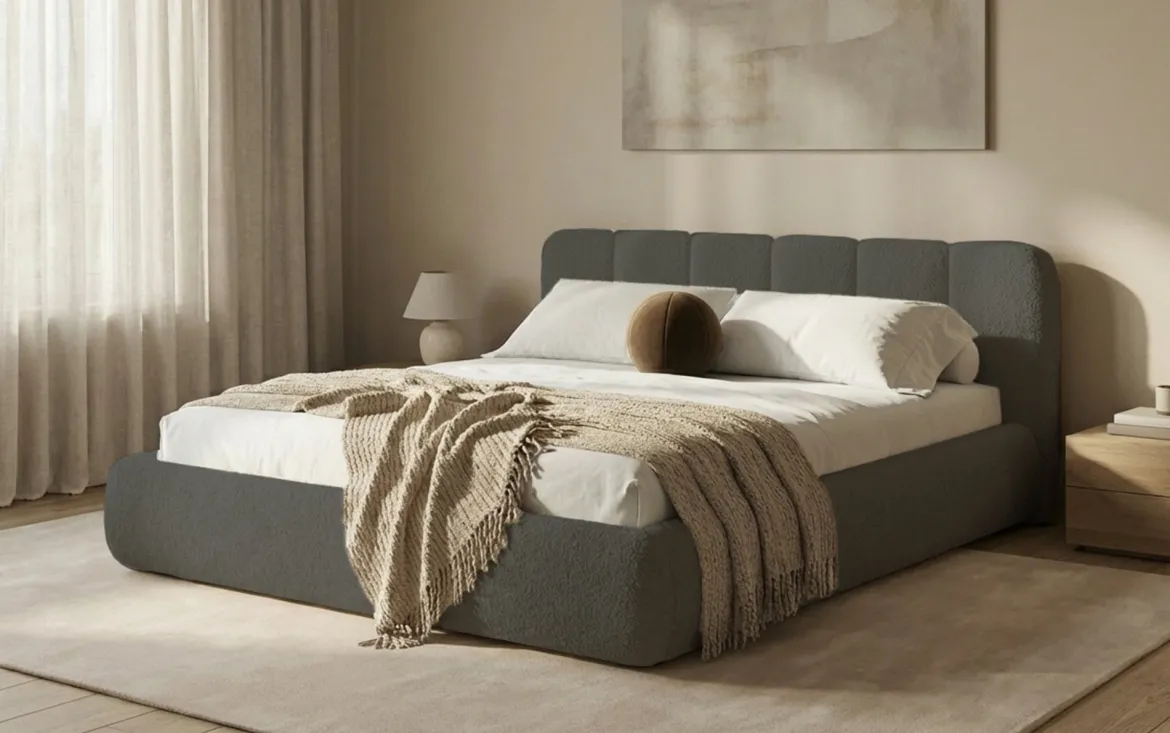 Designer Polsterbett Avelo in Bouclé mit Stauraum
