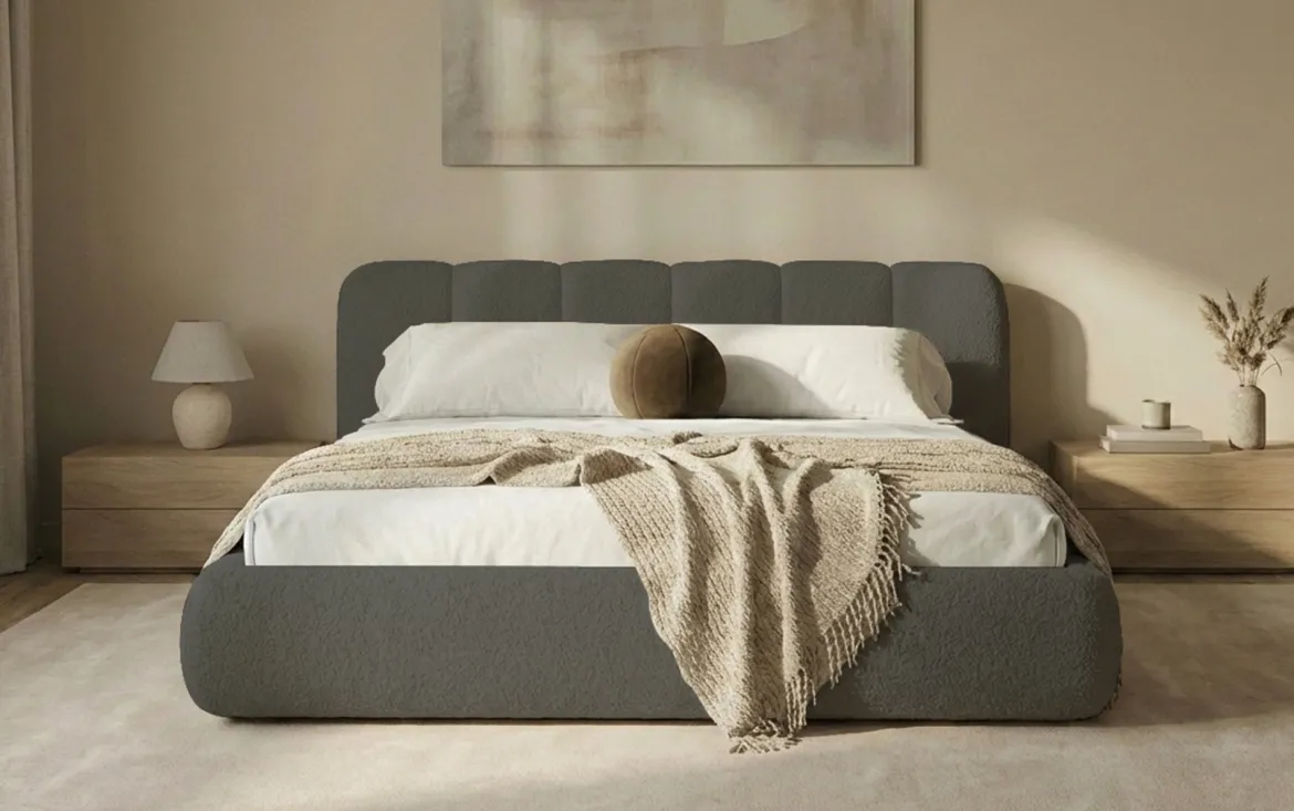 Designer Polsterbett Avelo in Bouclé mit Stauraum