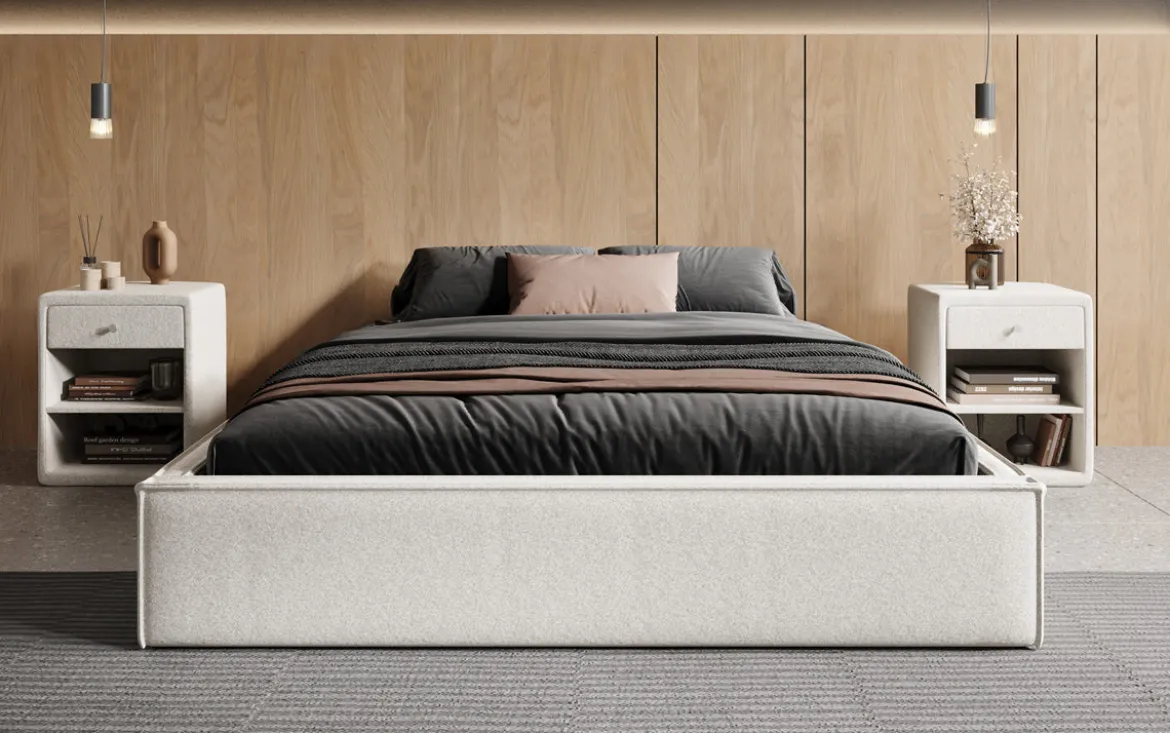 Designer Polsterbett Base mit Stauraum ohne Headboard in Strukturstoff