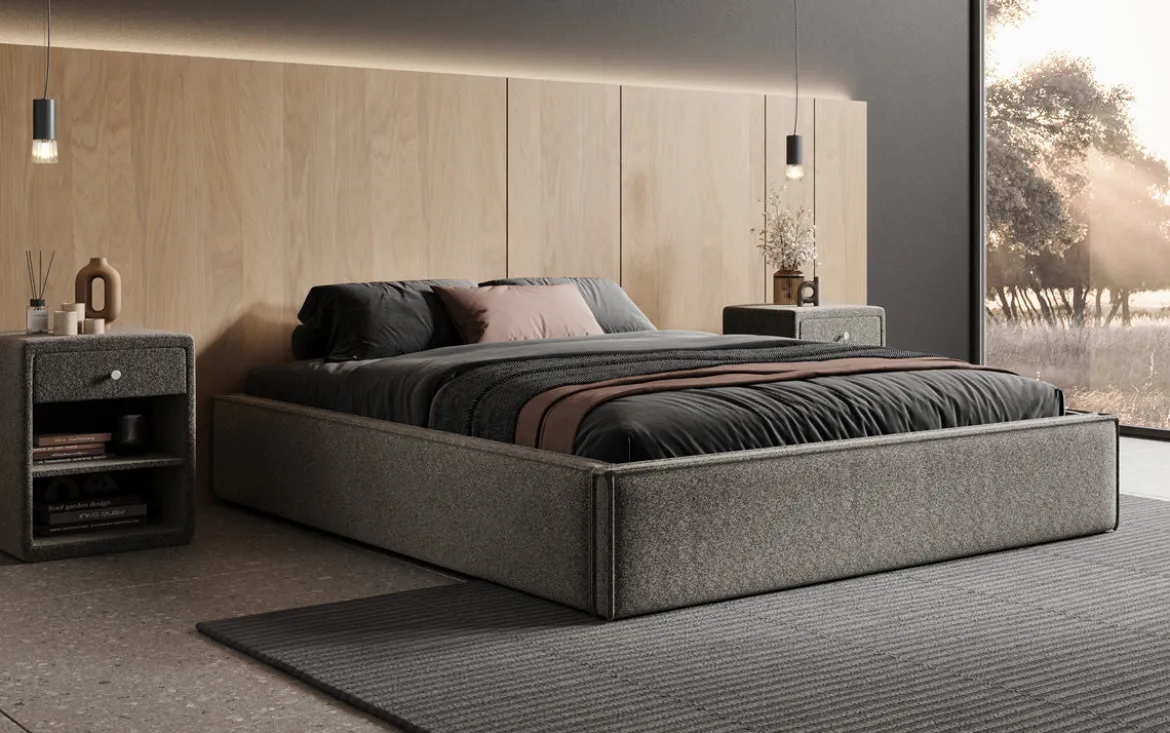 Designer Polsterbett Base mit Stauraum ohne Headboard in Strukturstoff