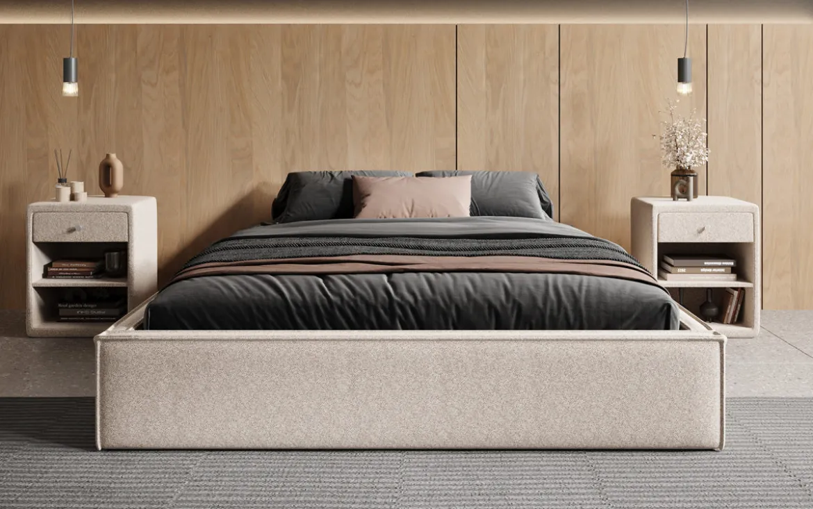 Designer Polsterbett Base mit Stauraum ohne Headboard in Strukturstoff