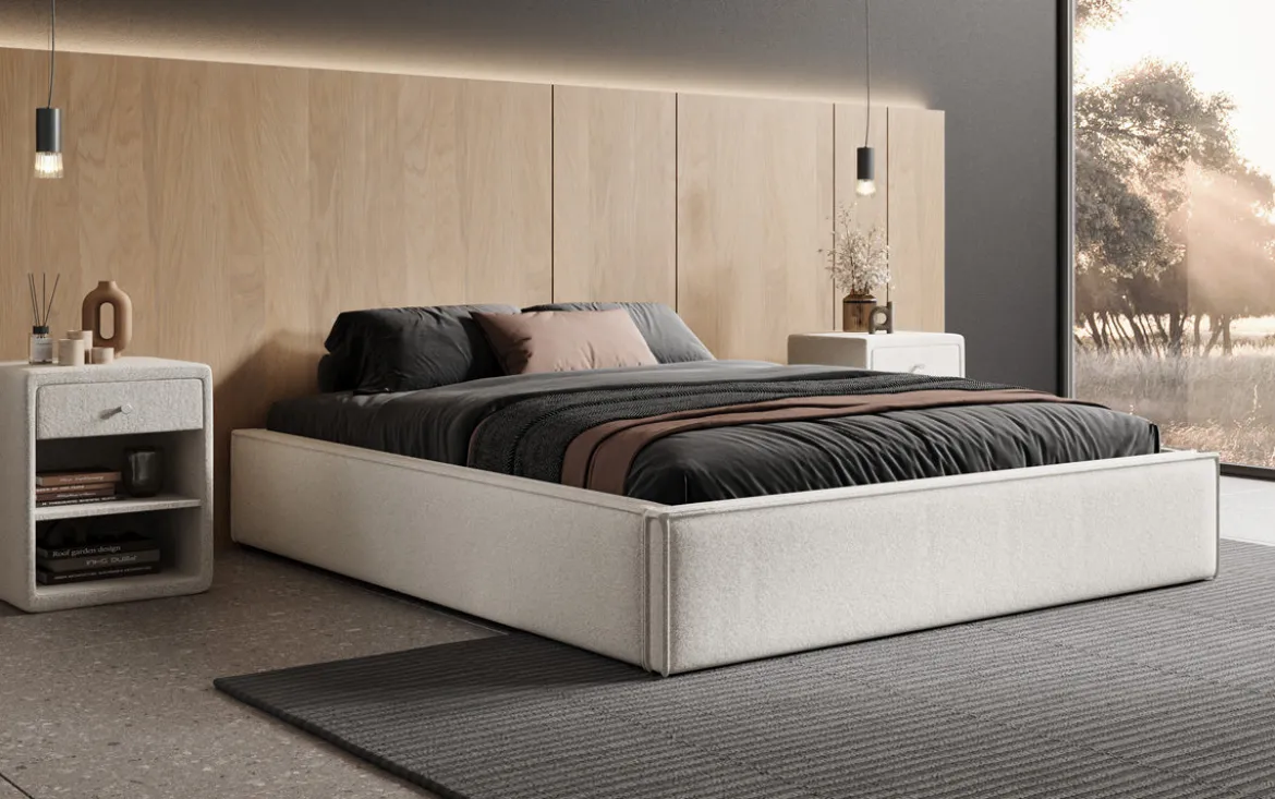 Designer Polsterbett Base mit Stauraum ohne Headboard in Strukturstoff