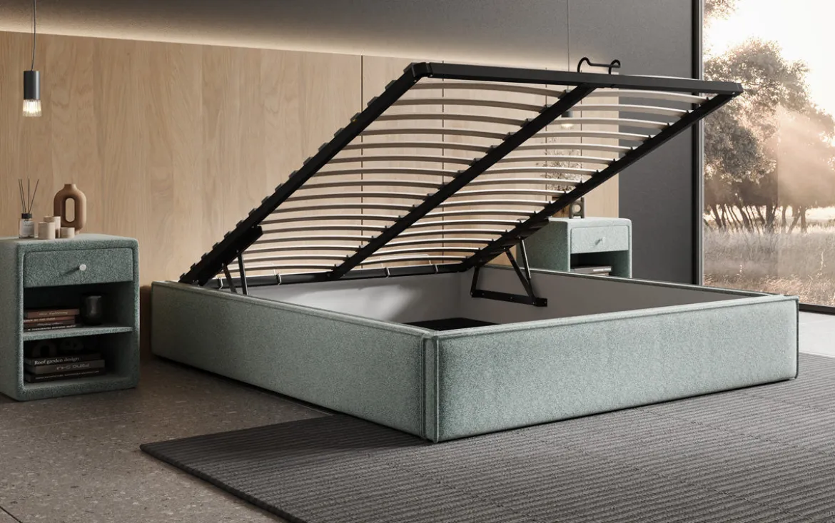 Designer Polsterbett Base mit Stauraum ohne Headboard in Strukturstoff