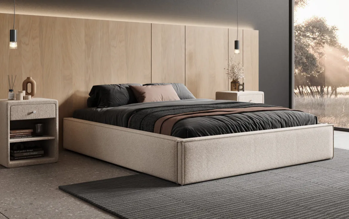 Designer Polsterbett Base mit Stauraum ohne Headboard in Strukturstoff