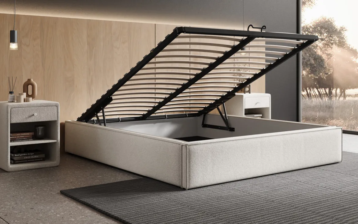 Designer Polsterbett Base mit Stauraum ohne Headboard in Strukturstoff