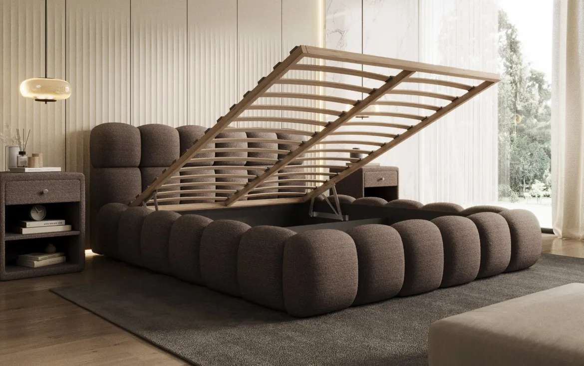 Designer Polsterbett Boston Bouclé mit Stauraum