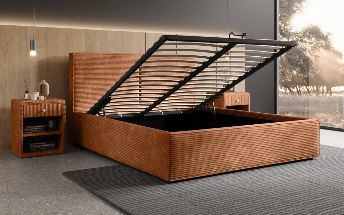 Designer Polsterbett Elara in Cord mit Stauraum