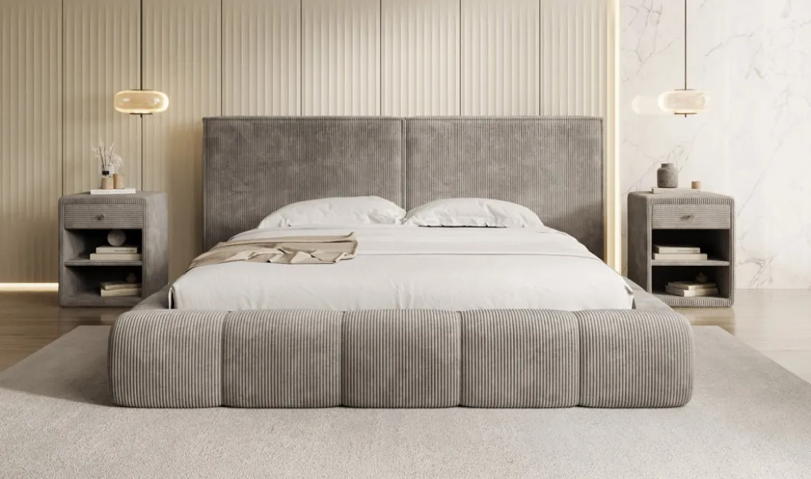Designer Polsterbett Elise in Cord mit Stauraum