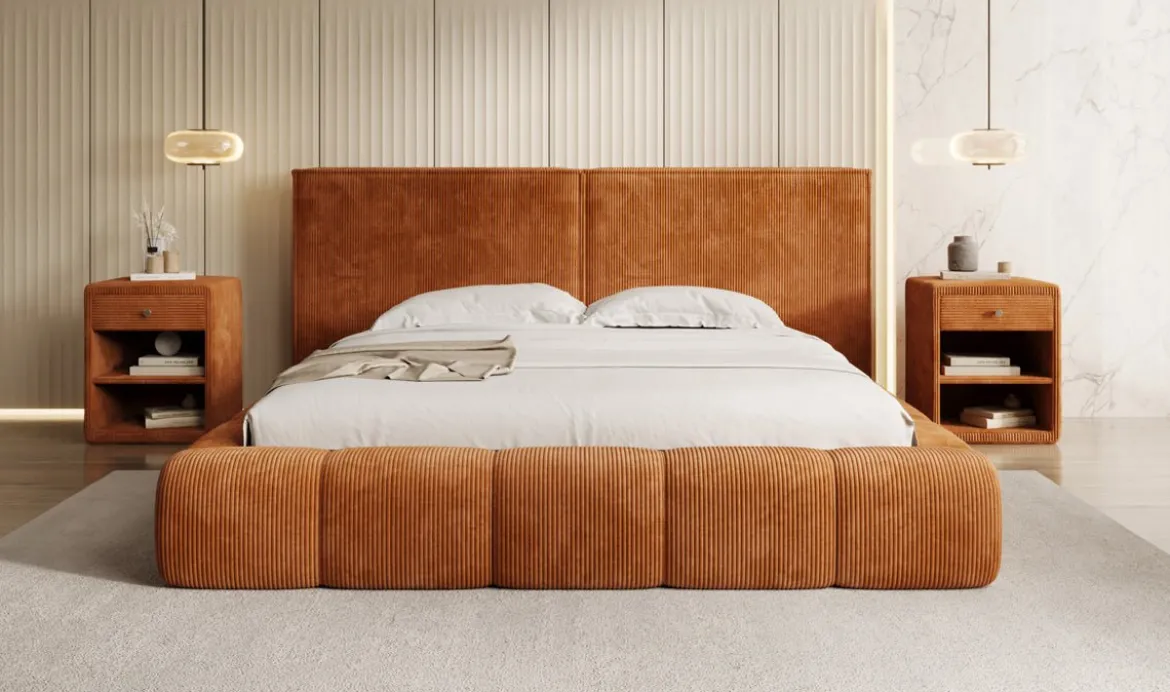Designer Polsterbett Elise in Cord mit Stauraum