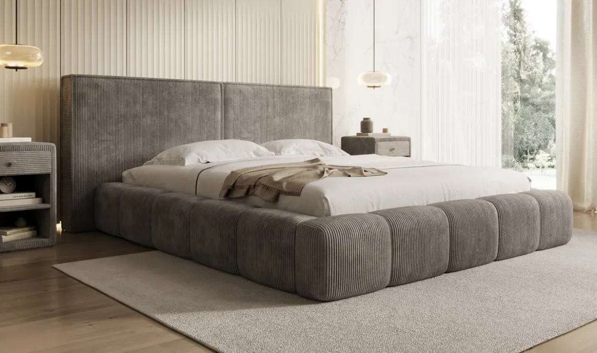 Designer Polsterbett Elise in Cord mit Stauraum