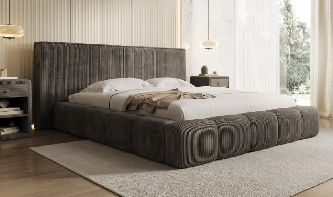 Designer Polsterbett Elise in Cord mit Stauraum