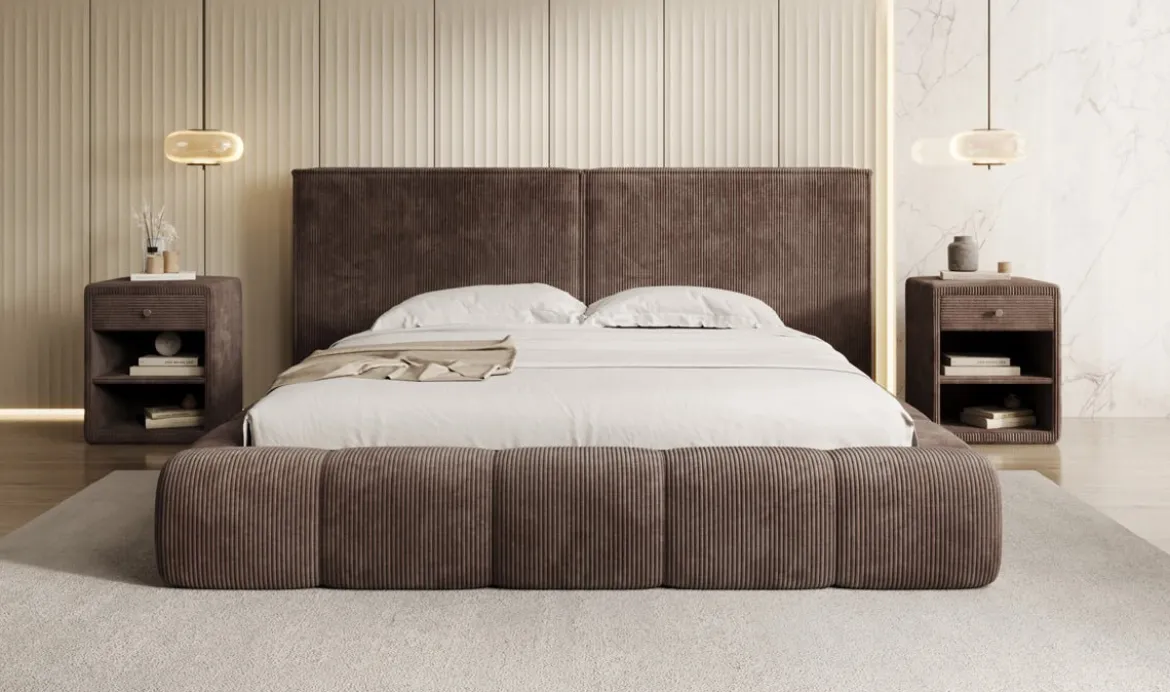 Designer Polsterbett Elise in Cord mit Stauraum
