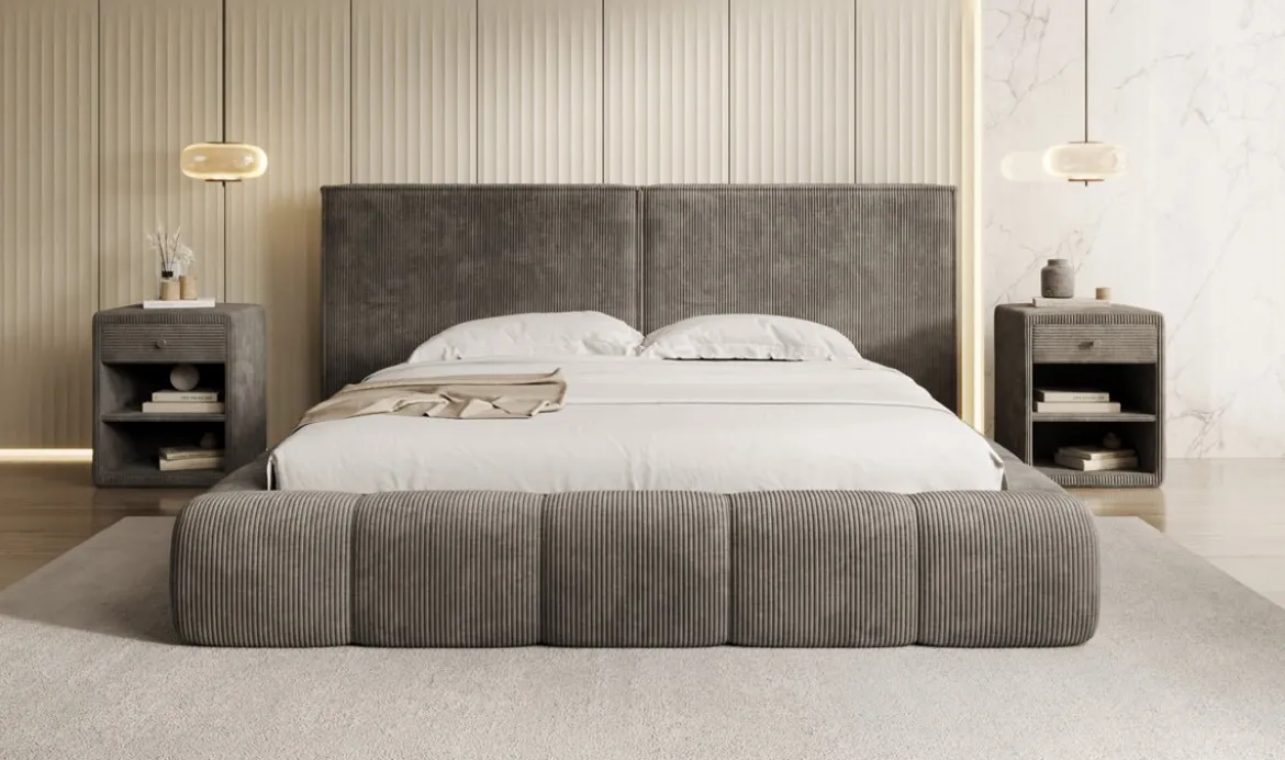 Designer Polsterbett Elise in Cord mit Stauraum