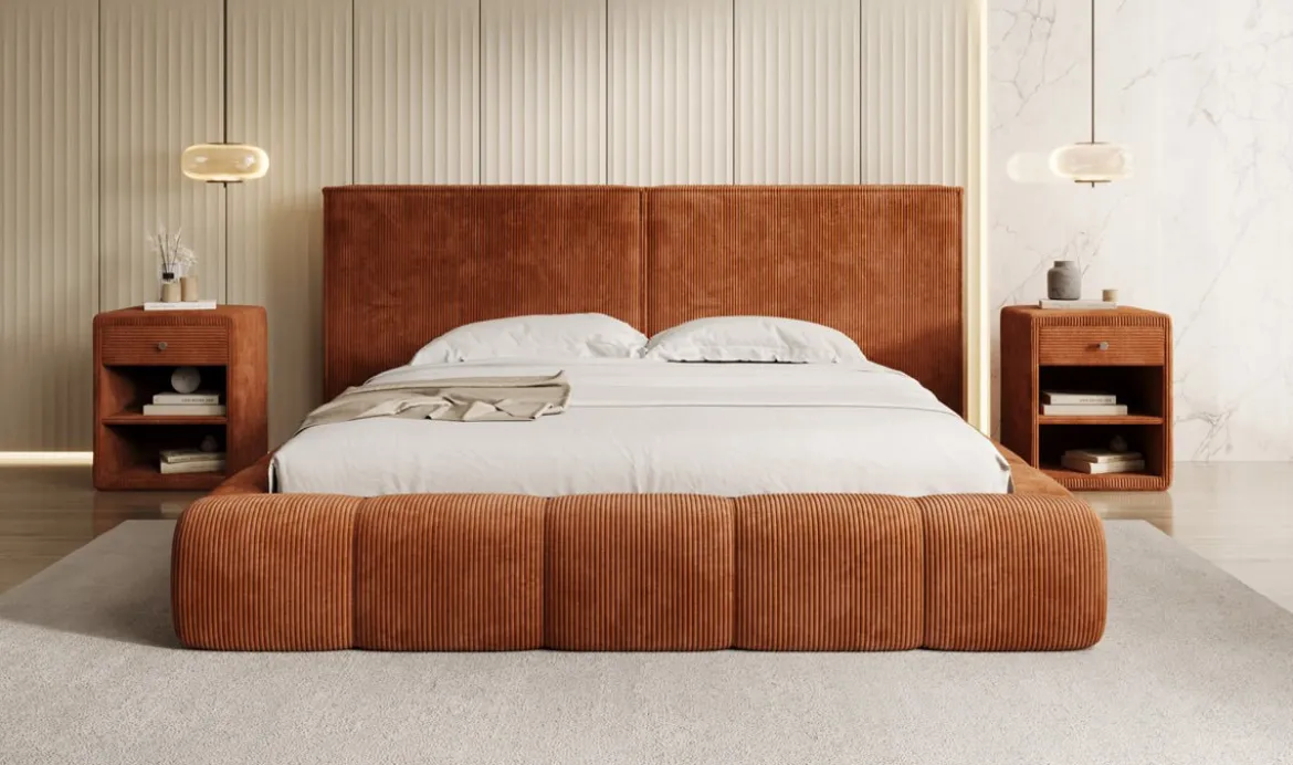 Designer Polsterbett Elise in Cord mit Stauraum