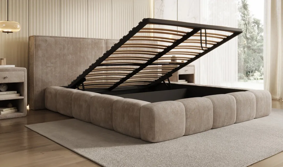 Designer Polsterbett Elise in Cord mit Stauraum