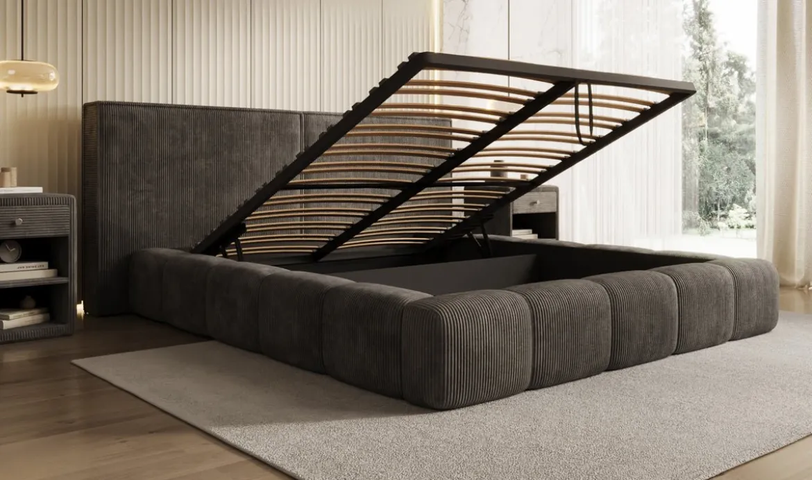 Designer Polsterbett Elise in Cord mit Stauraum