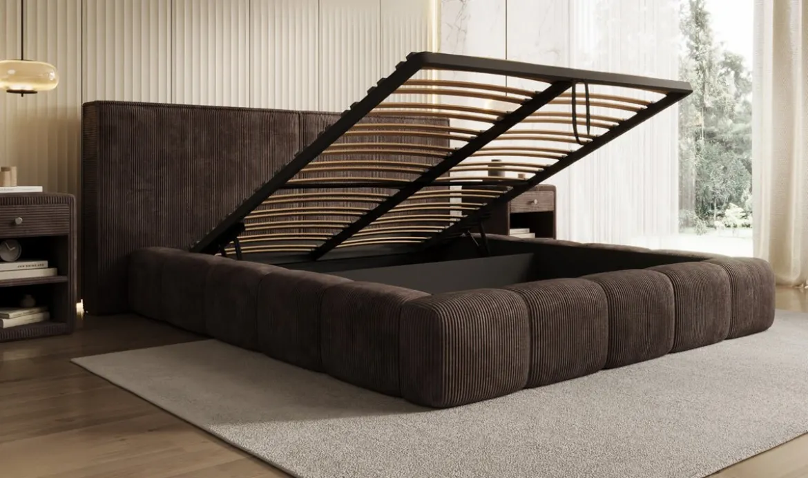 Designer Polsterbett Elise in Cord mit Stauraum