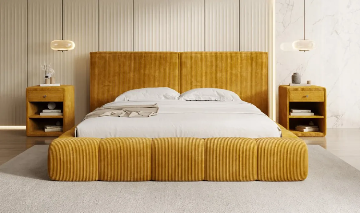 Designer Polsterbett Elise in Cord mit Stauraum
