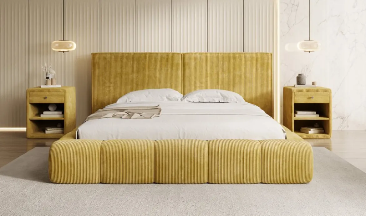 Designer Polsterbett Elise in Cord mit Stauraum