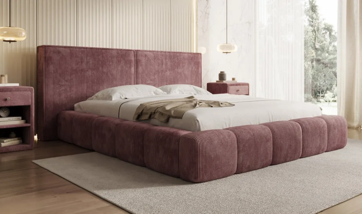 Designer Polsterbett Elise in Cord mit Stauraum