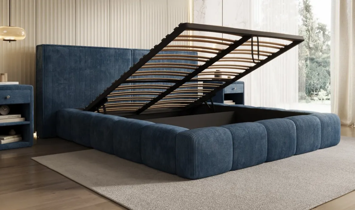 Designer Polsterbett Elise in Cord mit Stauraum