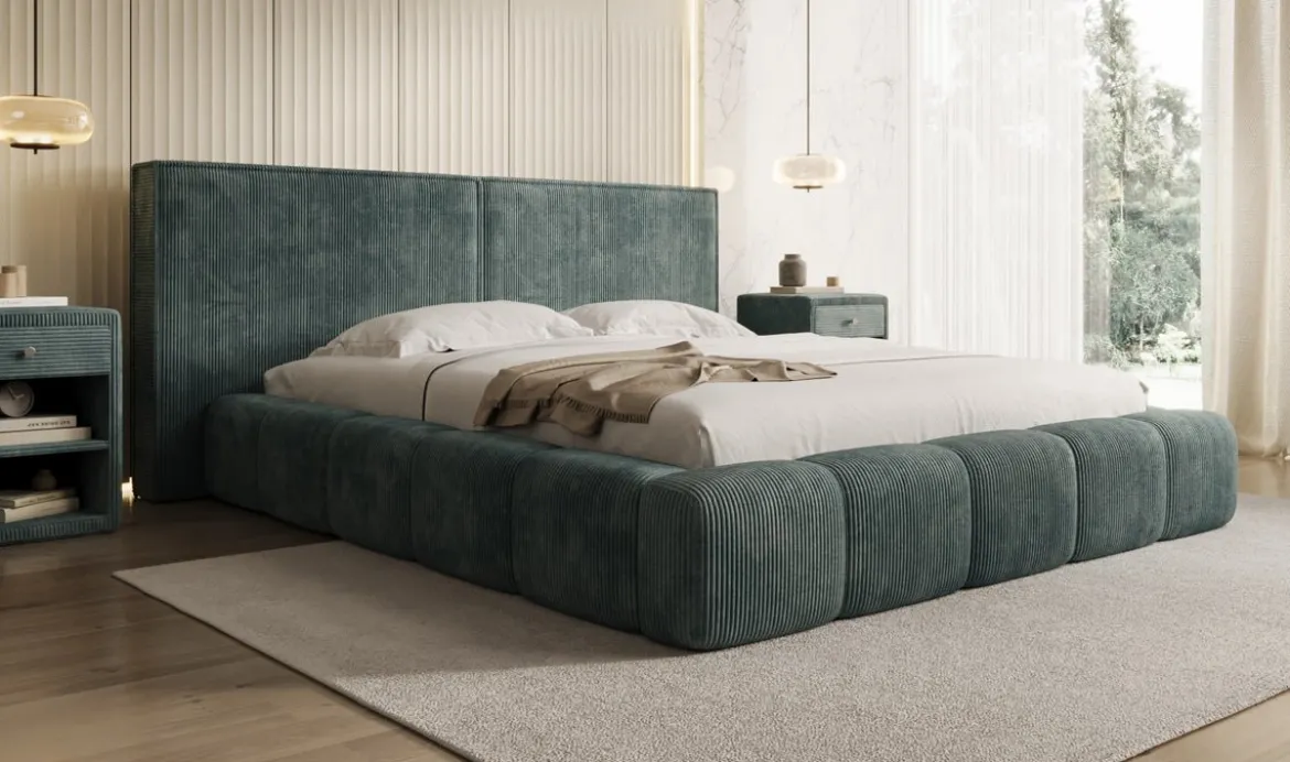 Designer Polsterbett Elise in Cord mit Stauraum