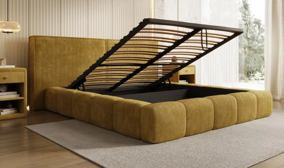 Designer Polsterbett Elise in Cord mit Stauraum