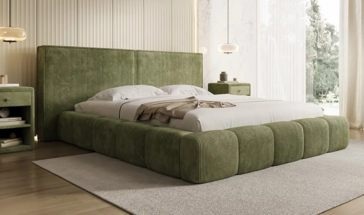 Designer Polsterbett Elise in Cord mit Stauraum
