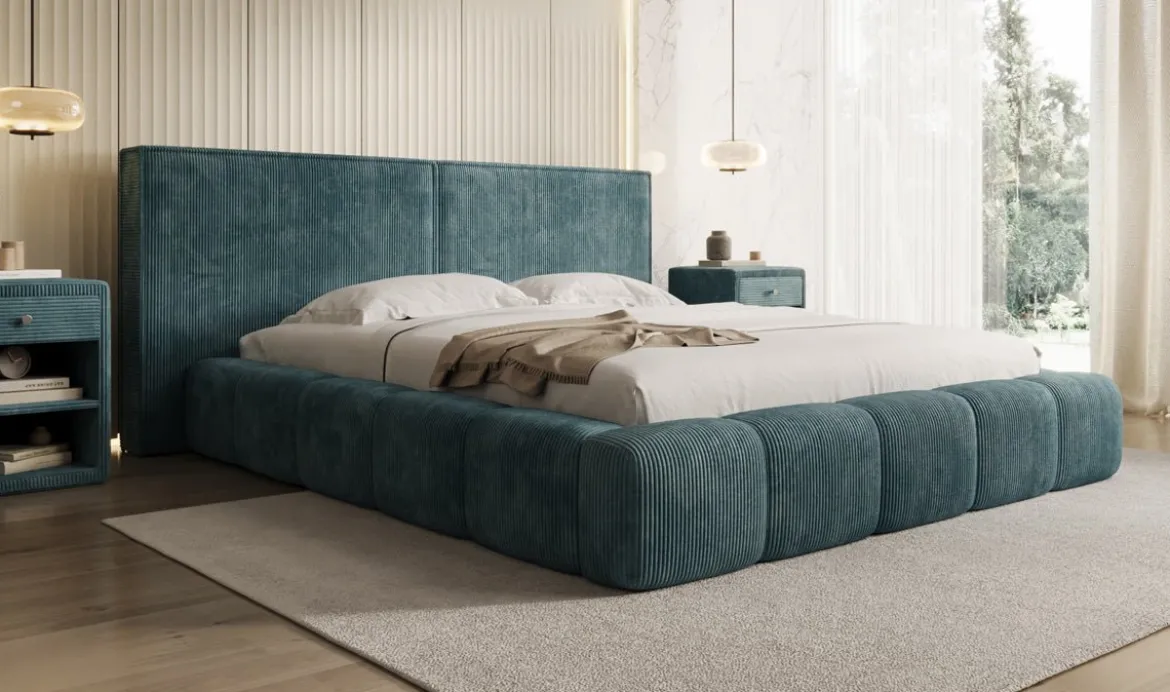 Designer Polsterbett Elise in Cord mit Stauraum