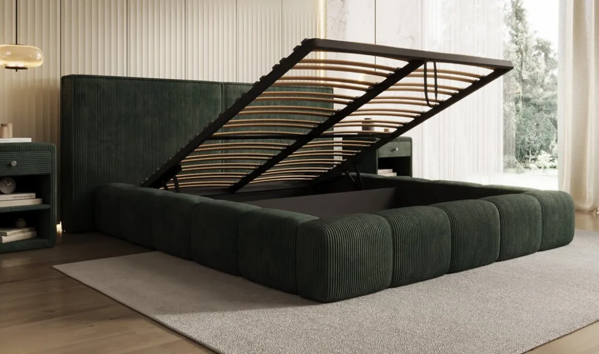 Designer Polsterbett Elise in Cord mit Stauraum