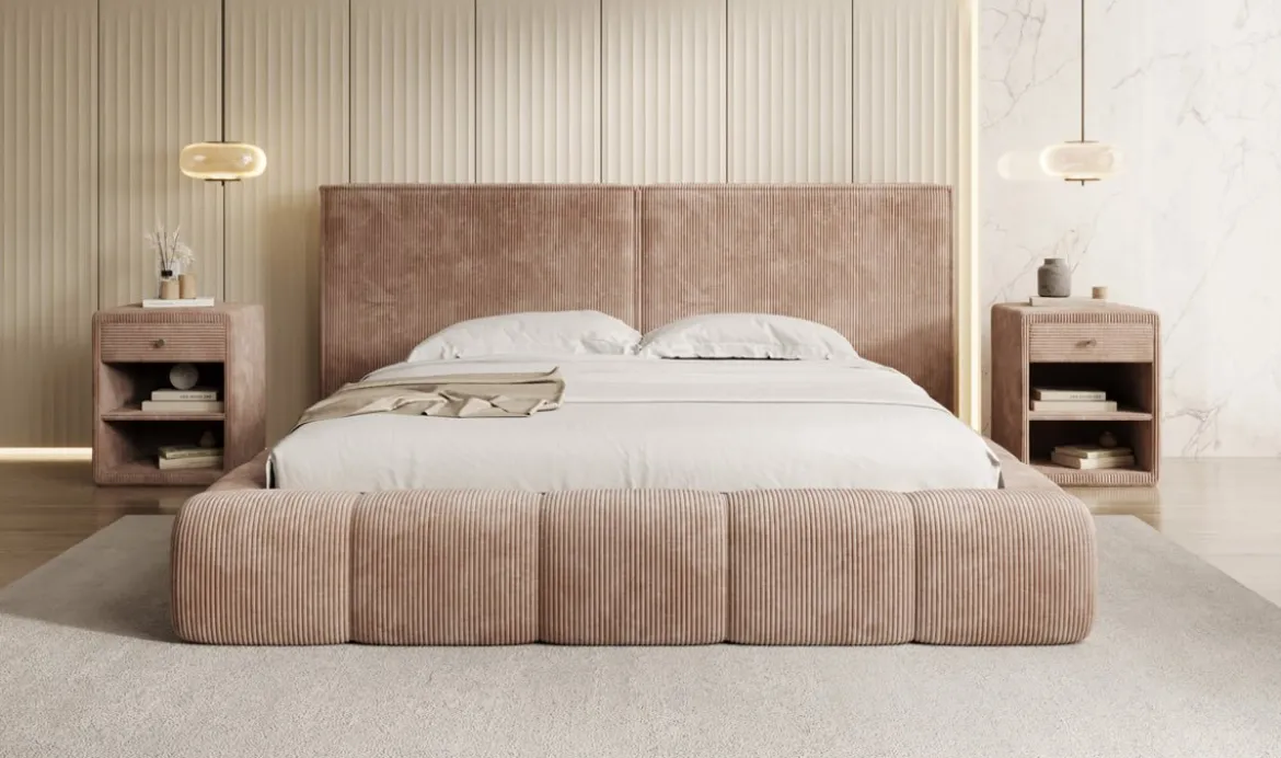 Designer Polsterbett Elise in Cord mit Stauraum