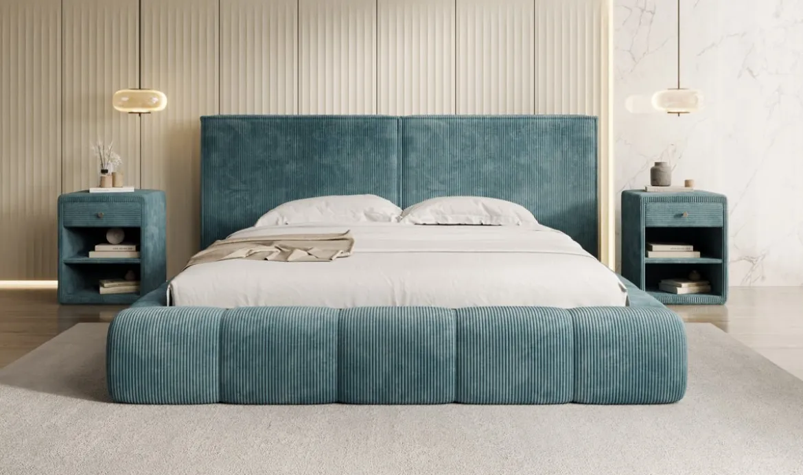 Designer Polsterbett Elise in Cord mit Stauraum