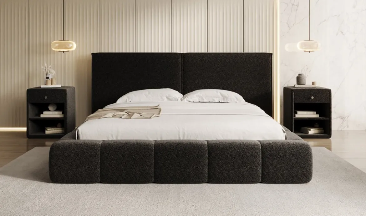 Designer Polsterbett Elise in Strukturstoff mit Stauraum