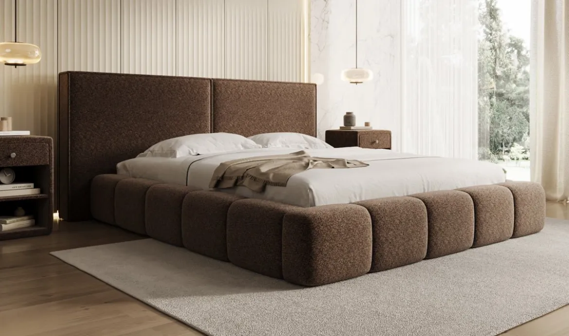 Designer Polsterbett Elise in Strukturstoff mit Stauraum