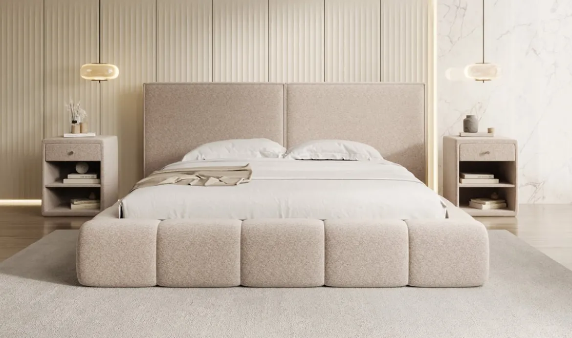 Designer Polsterbett Elise in Strukturstoff mit Stauraum