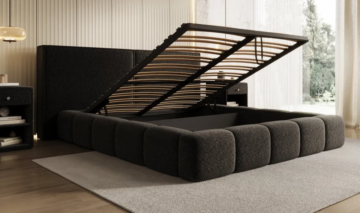 Designer Polsterbett Elise in Strukturstoff mit Stauraum