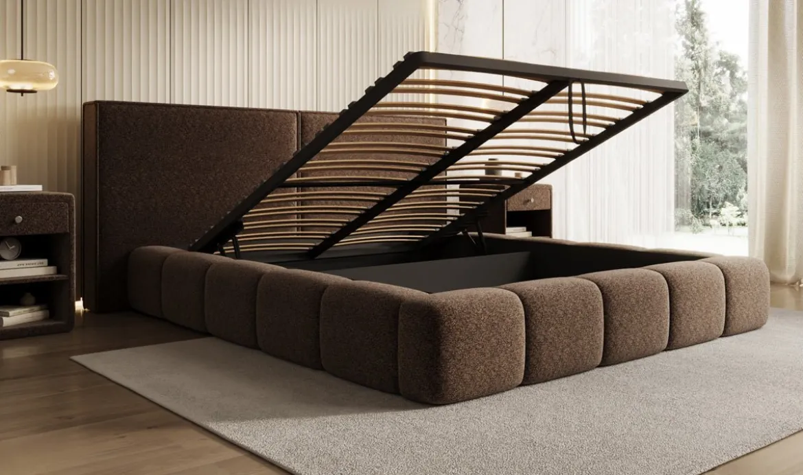 Designer Polsterbett Elise in Strukturstoff mit Stauraum