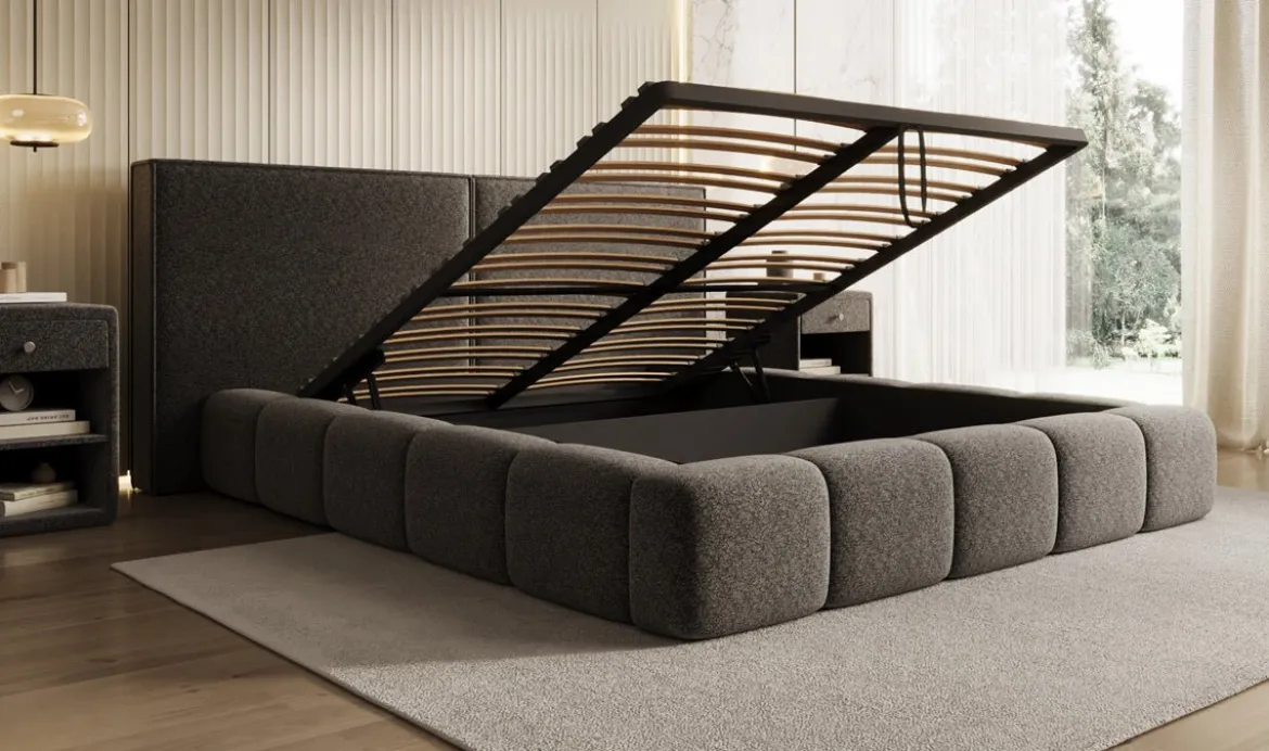 Designer Polsterbett Elise in Strukturstoff mit Stauraum