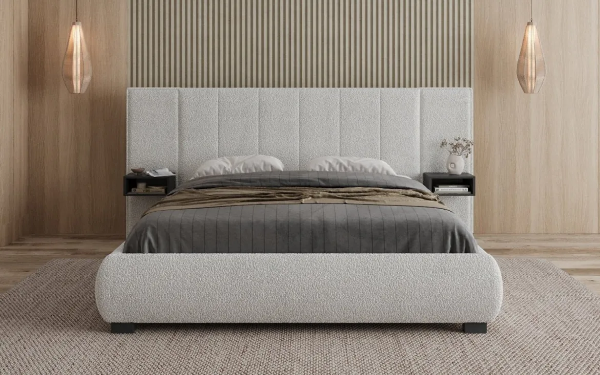 Designer Polsterbett Elvara in Bouclé mit Stauraum