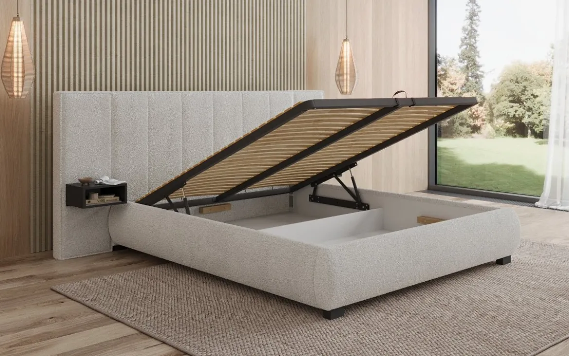 Designer Polsterbett Elvara in Bouclé mit Stauraum