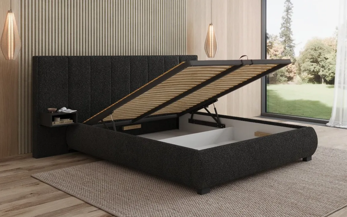 Designer Polsterbett Elvara in Bouclé mit Stauraum