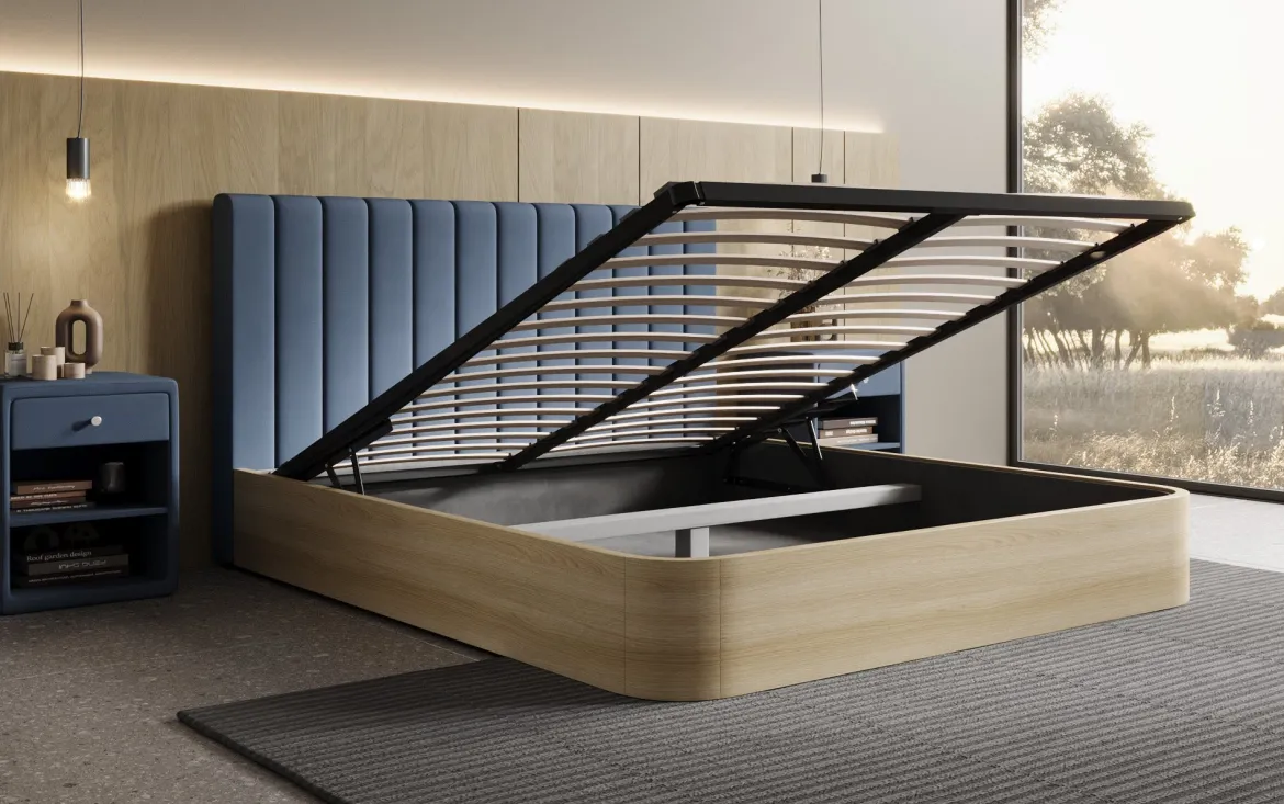 Designer Polsterbett Fiore Linea in Stoff mit Stauraum