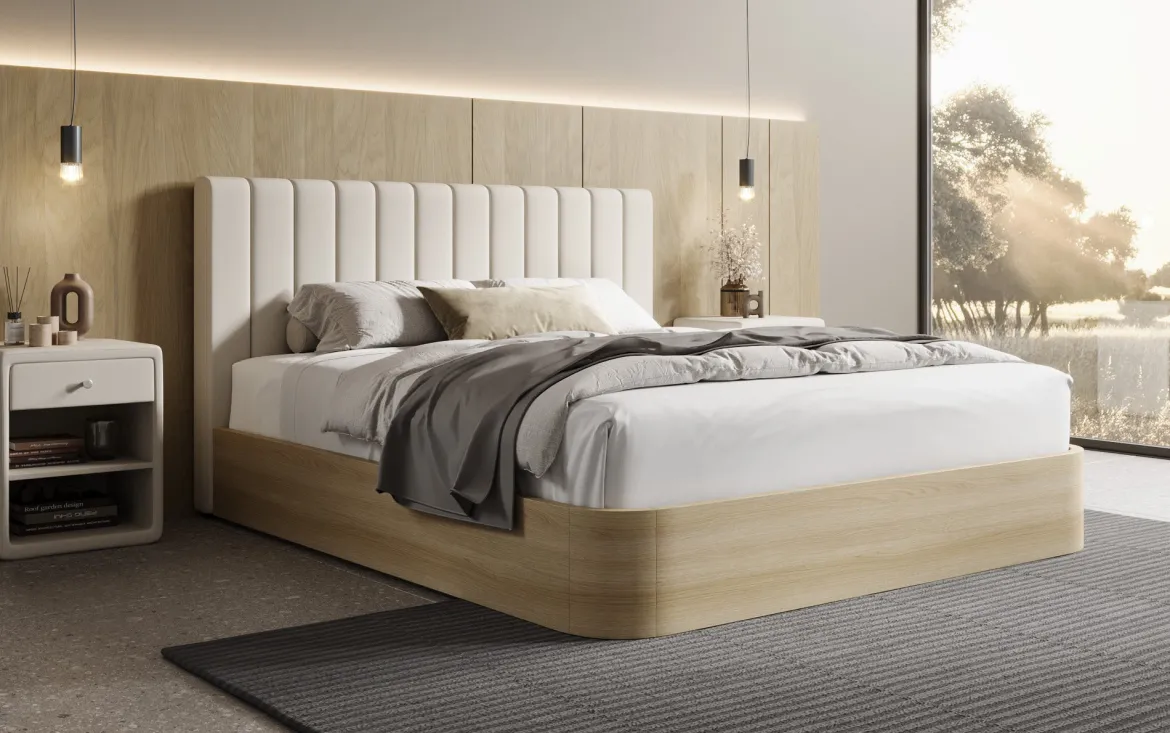 Designer Polsterbett Fiore Linea in Stoff mit Stauraum
