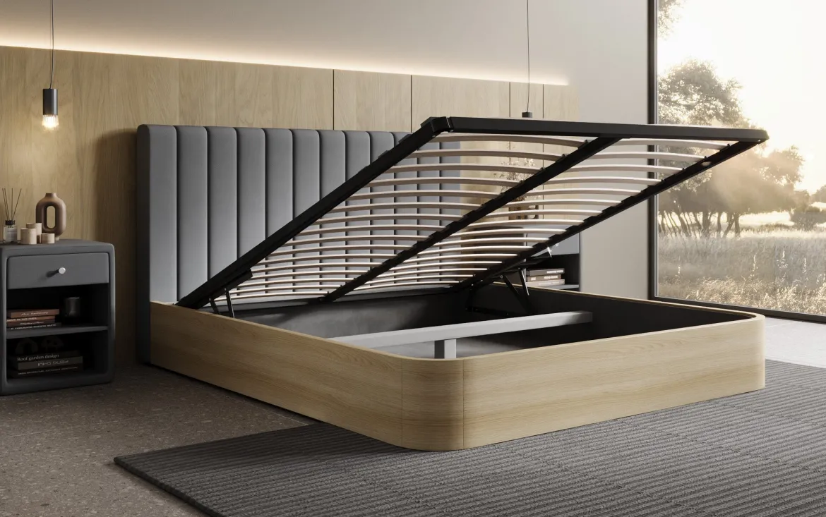 Designer Polsterbett Fiore Linea in Stoff mit Stauraum