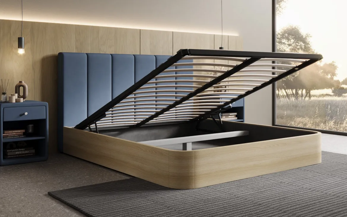 Designer Polsterbett Fiore Piano in Stoff mit Stauraum