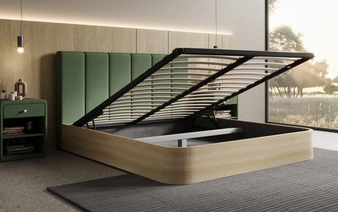 Designer Polsterbett Fiore Piano in Stoff mit Stauraum
