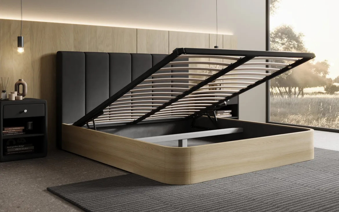 Designer Polsterbett Fiore Piano in Stoff mit Stauraum