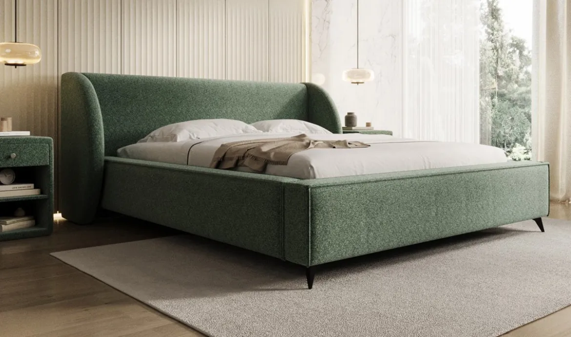 Designer Polsterbett Freya in Strukturstoff mit Stauraum
