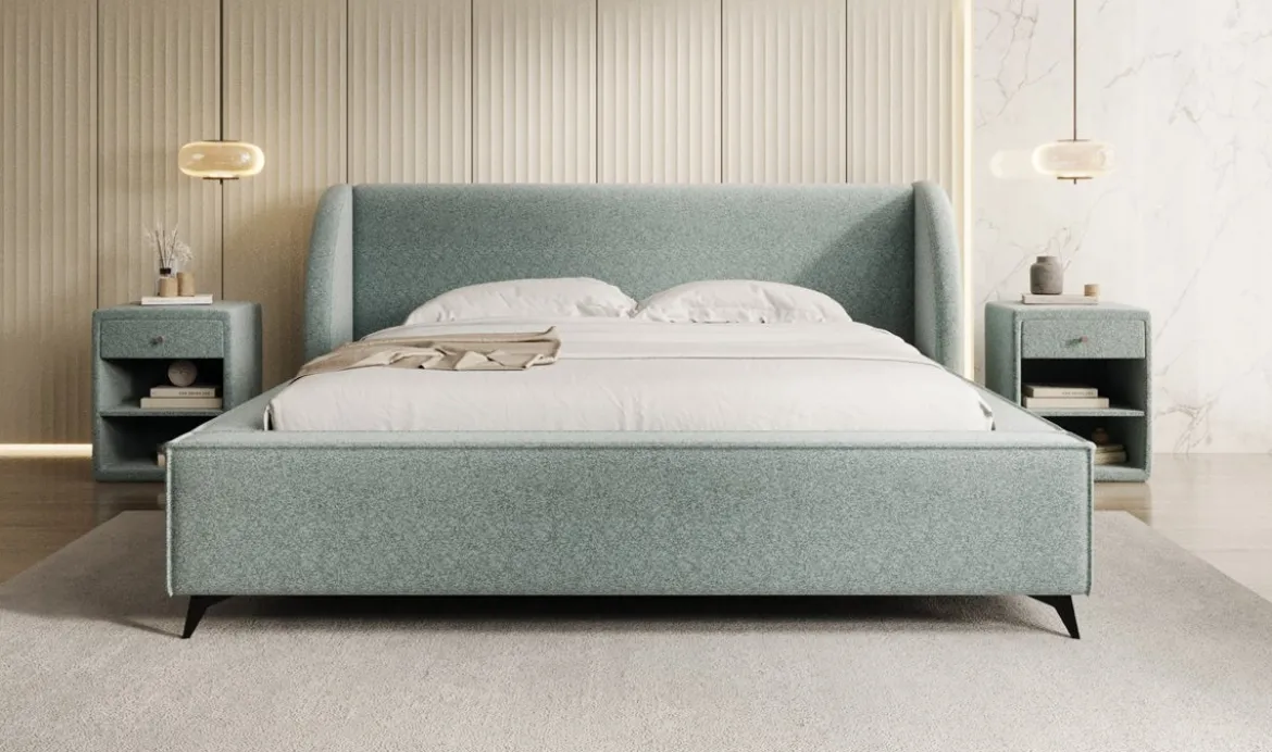 Designer Polsterbett Freya in Strukturstoff mit Stauraum