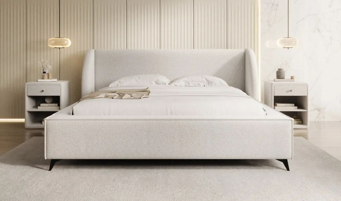 Designer Polsterbett Freya in Strukturstoff mit Stauraum